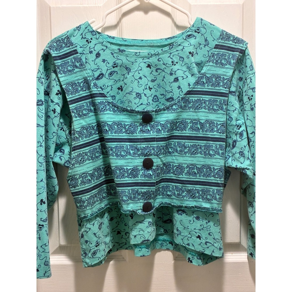 Vintage O zone 90s Teal Green Paisley Floral Faux Vest Button Front Crop Top L/S